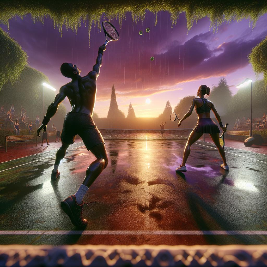 Dynamic Tennis Duel at Dusk
